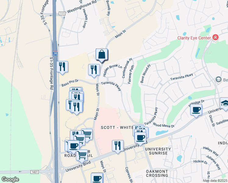 map of restaurants, bars, coffee shops, grocery stores, and more near 401 Teravista Parkway in Round Rock