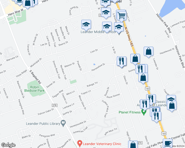 map of restaurants, bars, coffee shops, grocery stores, and more near 602 Horseshoe Drive in Leander