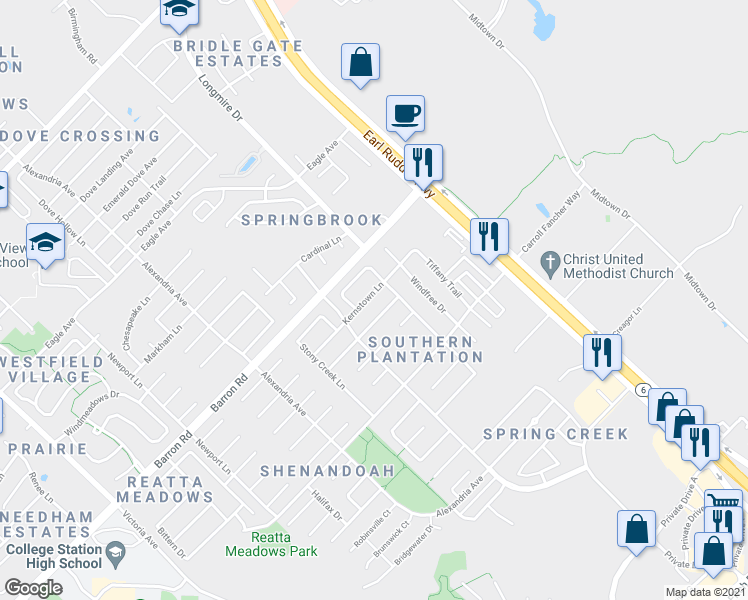 map of restaurants, bars, coffee shops, grocery stores, and more near 1512 Kernstown Lane in College Station