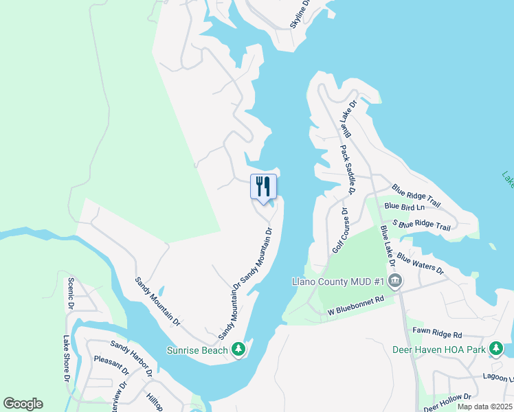 map of restaurants, bars, coffee shops, grocery stores, and more near 597 Sandy Mountain Drive in Sunrise Beach Village