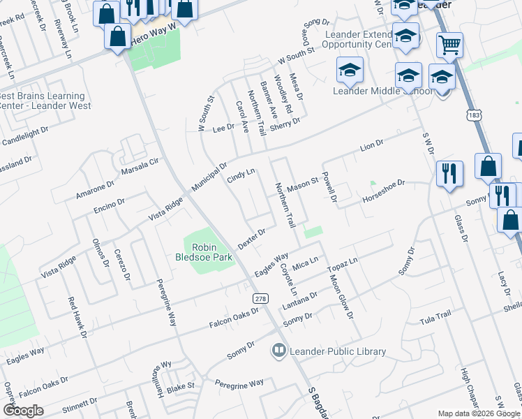map of restaurants, bars, coffee shops, grocery stores, and more near 540 MacKenzie Way in Leander