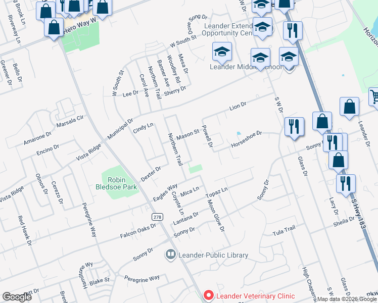 map of restaurants, bars, coffee shops, grocery stores, and more near 509 Bentwood Drive in Leander