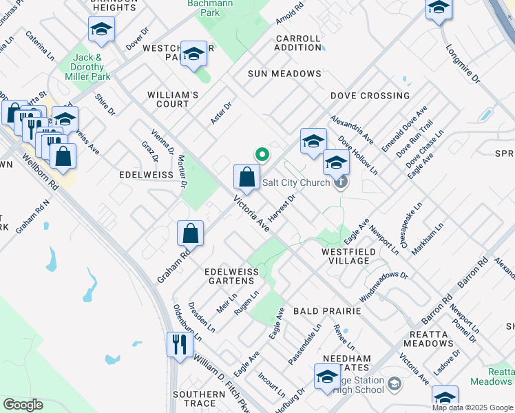 map of restaurants, bars, coffee shops, grocery stores, and more near 605 Plano Drive in College Station