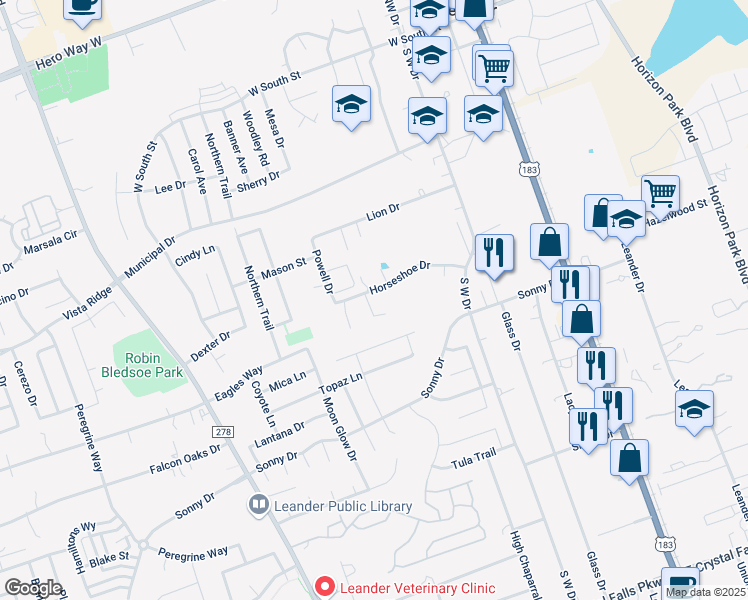 map of restaurants, bars, coffee shops, grocery stores, and more near 602 Horseshoe Drive in Leander