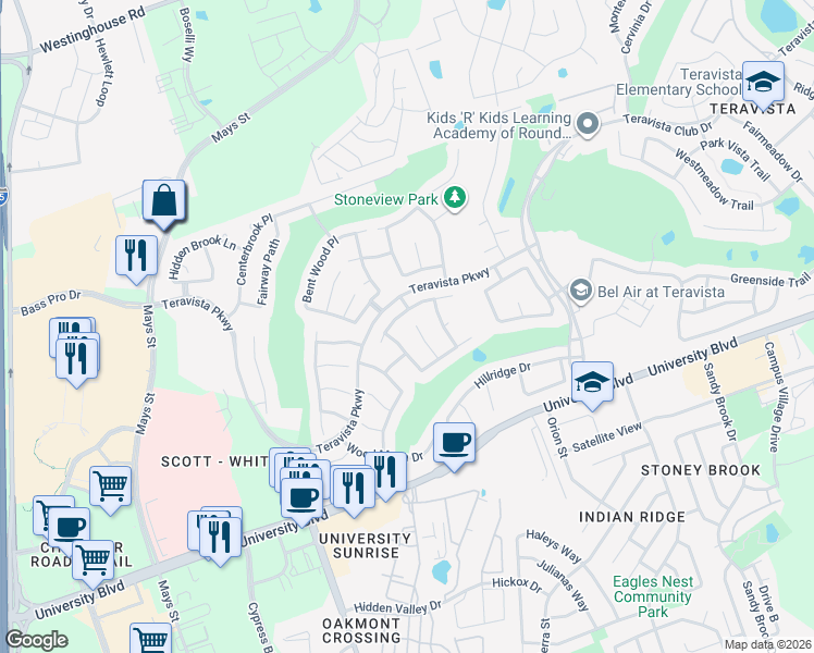 map of restaurants, bars, coffee shops, grocery stores, and more near 4117 Hidden View Court in Round Rock