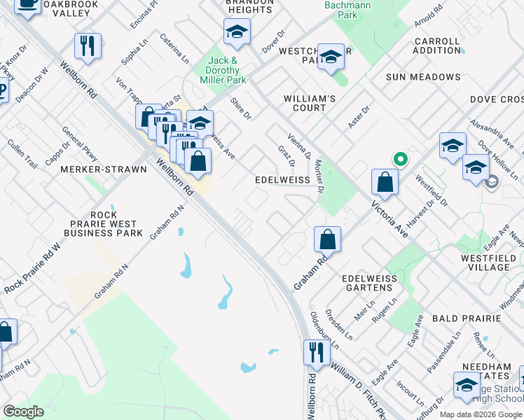 map of restaurants, bars, coffee shops, grocery stores, and more near 213 Stuttgart Circle in College Station