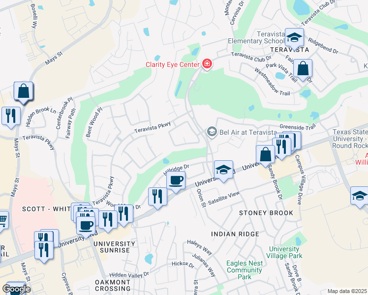 map of restaurants, bars, coffee shops, grocery stores, and more near 1302 Old Meadow Court in Round Rock
