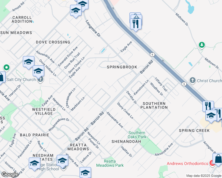 map of restaurants, bars, coffee shops, grocery stores, and more near 3939 Oriole Court in College Station