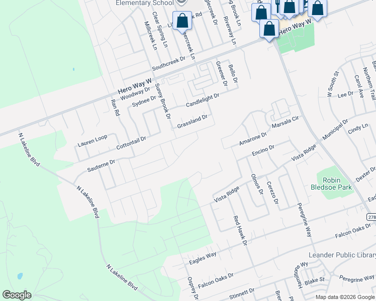 map of restaurants, bars, coffee shops, grocery stores, and more near 1808 Camay Street in Leander