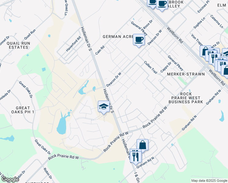 map of restaurants, bars, coffee shops, grocery stores, and more near 552 Hayes Lane in College Station