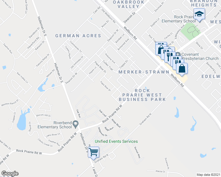 map of restaurants, bars, coffee shops, grocery stores, and more near 3437 Papa Bear Drive in College Station
