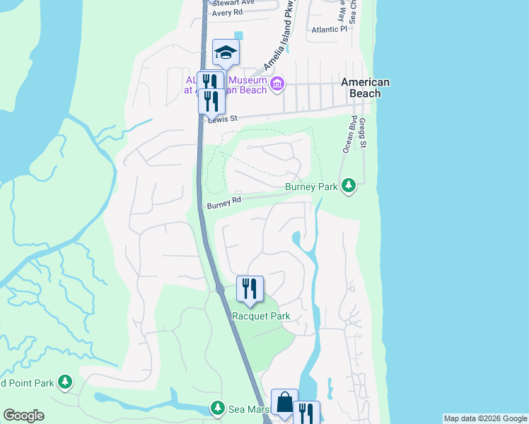 map of restaurants, bars, coffee shops, grocery stores, and more near 30 Beachwood Road in Fernandina Beach
