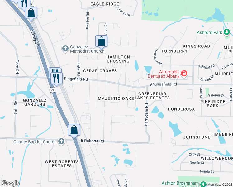 map of restaurants, bars, coffee shops, grocery stores, and more near 2000 East Kingsfield Road in Pensacola
