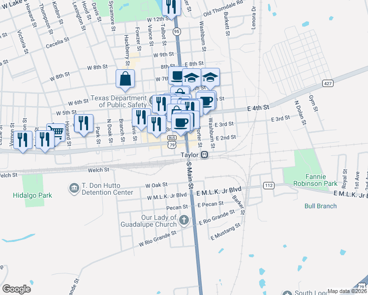 map of restaurants, bars, coffee shops, grocery stores, and more near 111 West 2nd Street in Taylor