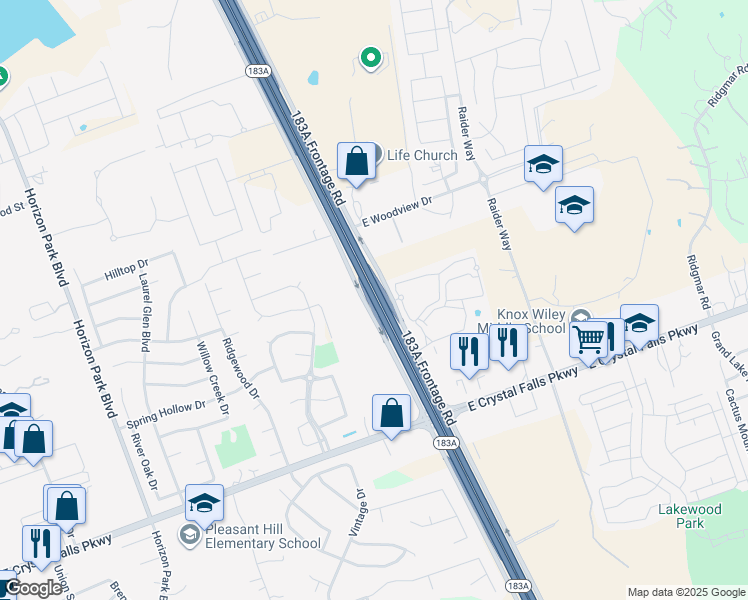 map of restaurants, bars, coffee shops, grocery stores, and more near 183A Frontage Road in Leander