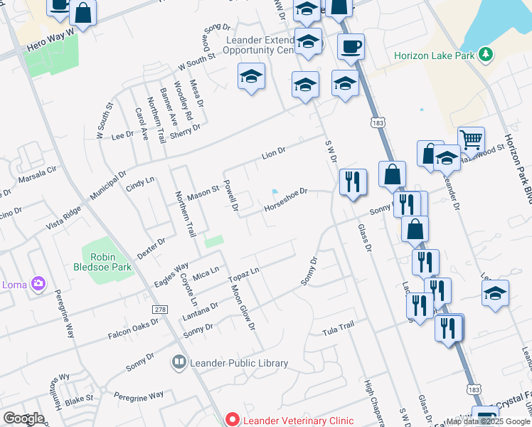 map of restaurants, bars, coffee shops, grocery stores, and more near 602 Horseshoe Drive in Leander
