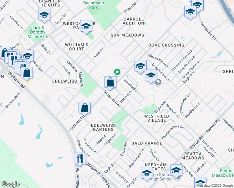map of restaurants, bars, coffee shops, grocery stores, and more near 3706 Meadow View Drive in College Station