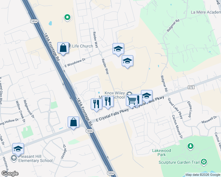 map of restaurants, bars, coffee shops, grocery stores, and more near 1407 Raider Way in Leander
