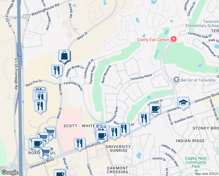 map of restaurants, bars, coffee shops, grocery stores, and more near 724 Bent Wood Place in Round Rock