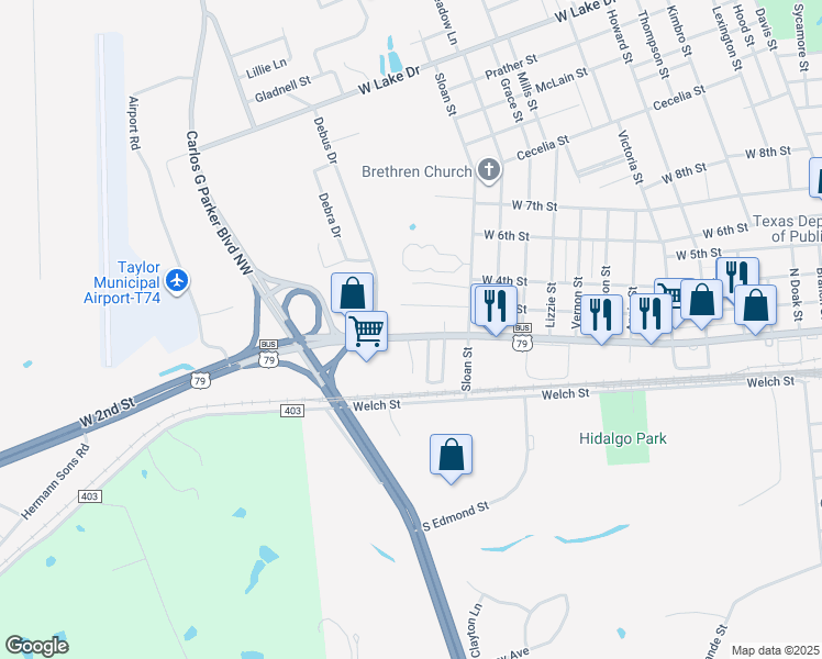 map of restaurants, bars, coffee shops, grocery stores, and more near 1908 West 2nd Street in Taylor
