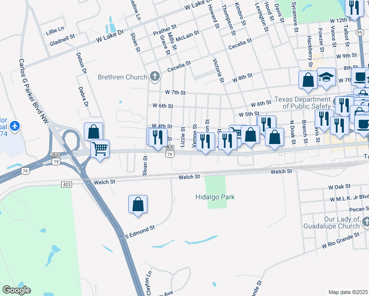 map of restaurants, bars, coffee shops, grocery stores, and more near 211 Vernon Street in Taylor