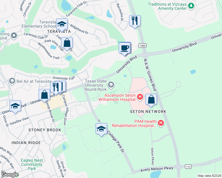 map of restaurants, bars, coffee shops, grocery stores, and more near 1555 University Boulevard in Round Rock