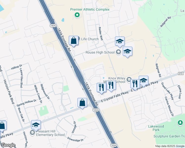 map of restaurants, bars, coffee shops, grocery stores, and more near 7860 183A in Leander