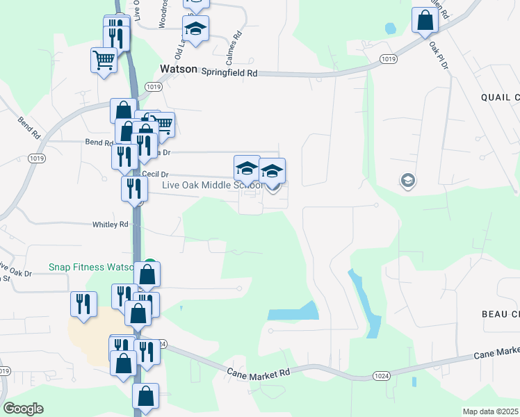 map of restaurants, bars, coffee shops, grocery stores, and more near 8400 Cecil Drive in Denham Springs