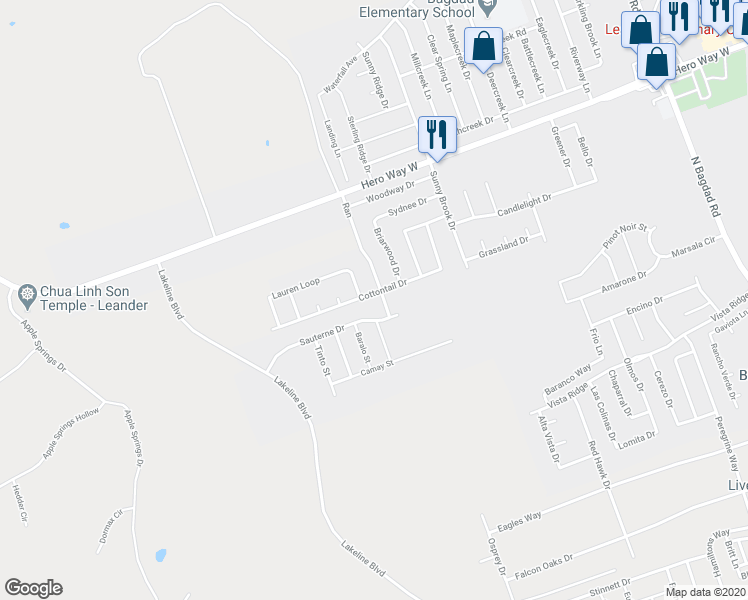 map of restaurants, bars, coffee shops, grocery stores, and more near 2202 Cottontail Drive in Leander