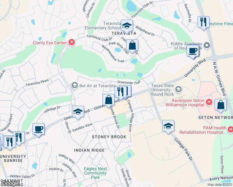 map of restaurants, bars, coffee shops, grocery stores, and more near 1710 Hidden Springs Path in Round Rock