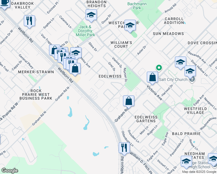 map of restaurants, bars, coffee shops, grocery stores, and more near 3716 Marielene Circle in College Station