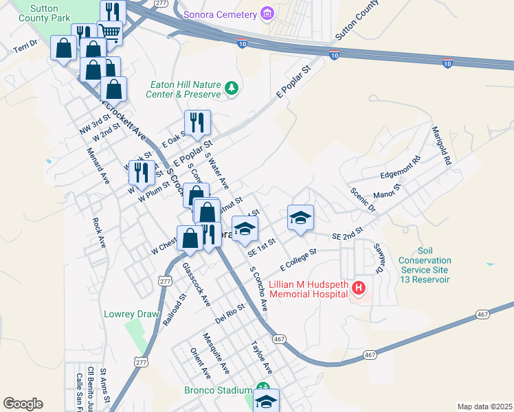 map of restaurants, bars, coffee shops, grocery stores, and more near 311 East 3rd Street in Sonora