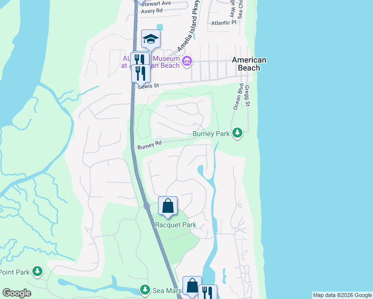 map of restaurants, bars, coffee shops, grocery stores, and more near 30 Beachwood Road in Fernandina Beach