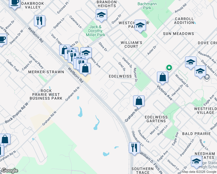 map of restaurants, bars, coffee shops, grocery stores, and more near 235 Stuttgart Circle in College Station