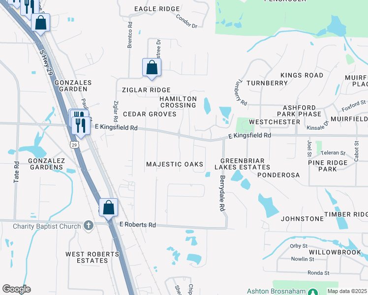 map of restaurants, bars, coffee shops, grocery stores, and more near 2336 Majestic Drive in Pensacola