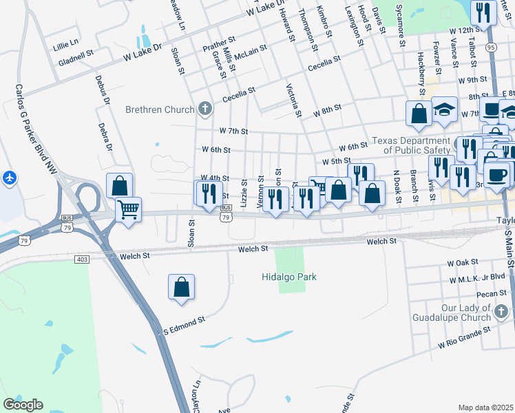 map of restaurants, bars, coffee shops, grocery stores, and more near 211 Vernon Street in Taylor