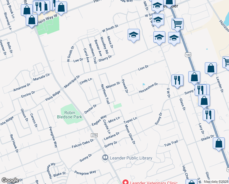 map of restaurants, bars, coffee shops, grocery stores, and more near 509 Bentwood Drive in Leander