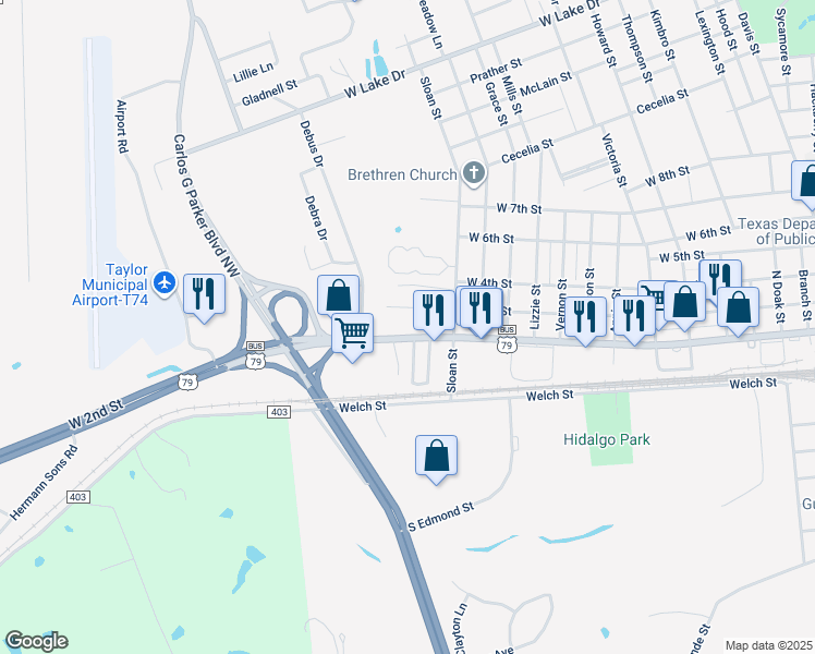 map of restaurants, bars, coffee shops, grocery stores, and more near 1908 West 2nd Street in Taylor