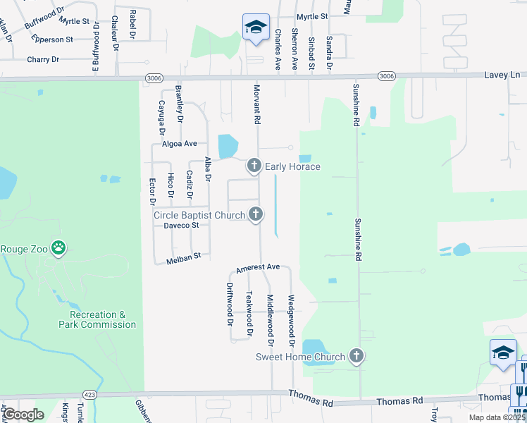map of restaurants, bars, coffee shops, grocery stores, and more near 13306 Morvant Road in Baker