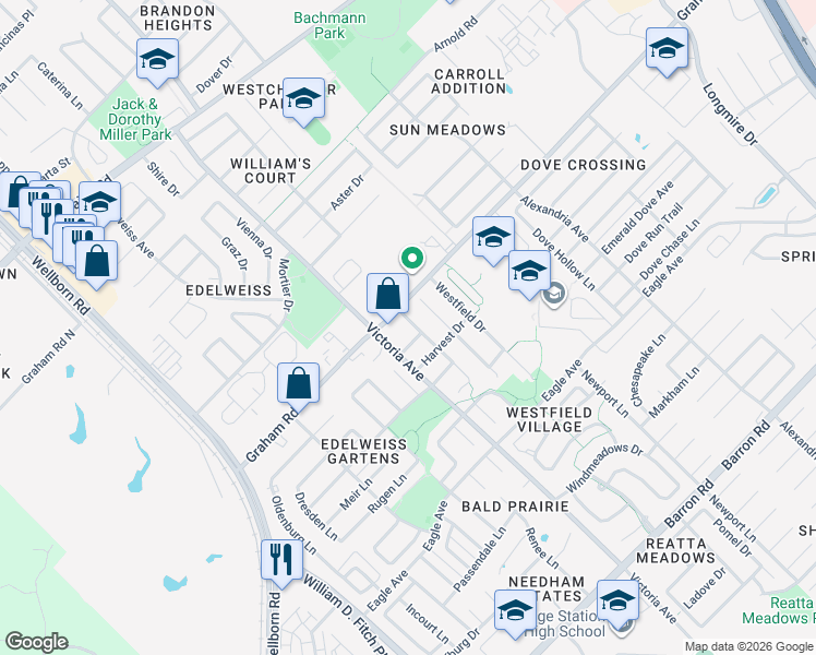 map of restaurants, bars, coffee shops, grocery stores, and more near 3706 Meadow View Drive in College Station