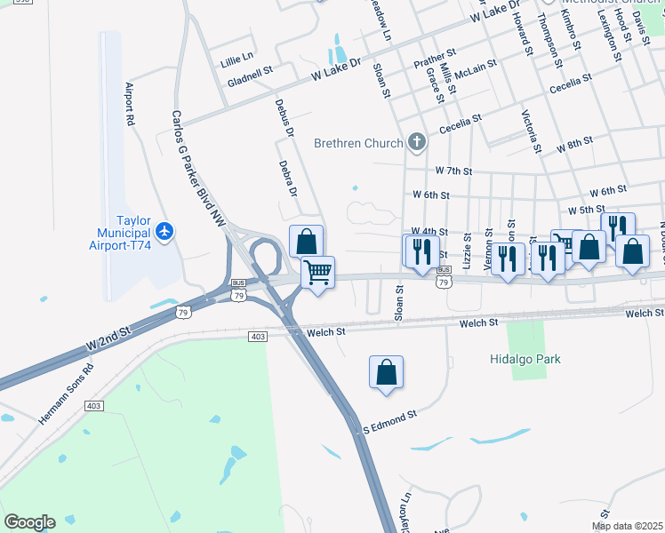 map of restaurants, bars, coffee shops, grocery stores, and more near 2010 West 2nd Street in Taylor