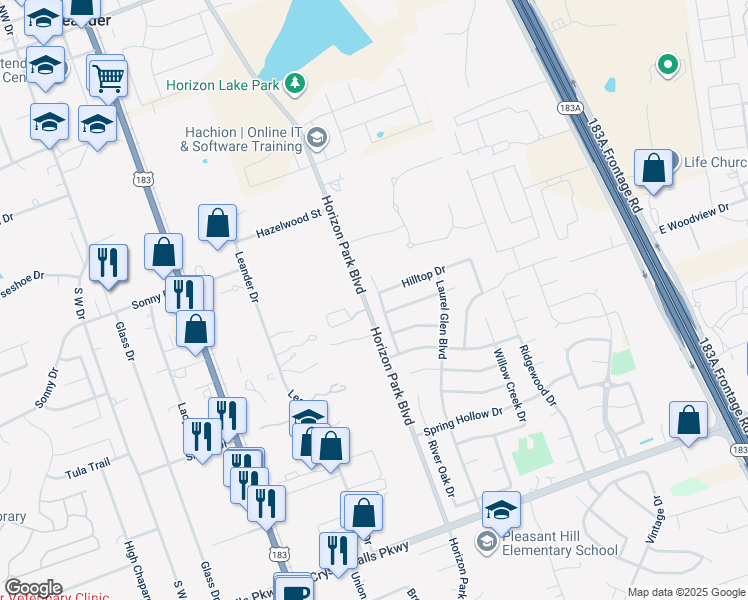 map of restaurants, bars, coffee shops, grocery stores, and more near 915 Tanglewood Drive in Leander