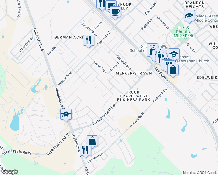 map of restaurants, bars, coffee shops, grocery stores, and more near 3445 Summerway Drive in College Station