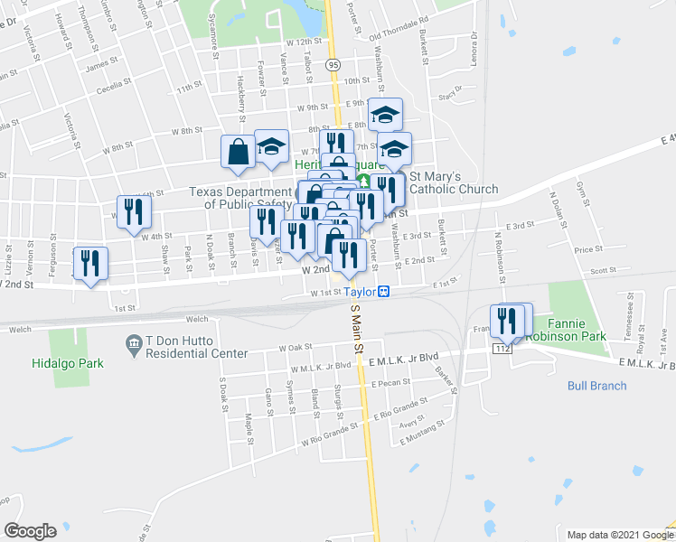 map of restaurants, bars, coffee shops, grocery stores, and more near 111 West 2nd Street in Taylor