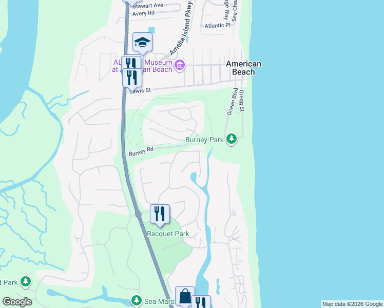 map of restaurants, bars, coffee shops, grocery stores, and more near 47 Beachwood Road in Fernandina Beach