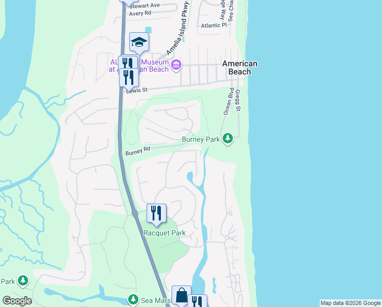 map of restaurants, bars, coffee shops, grocery stores, and more near 47 Beachwood Rd in Fernandina Beach