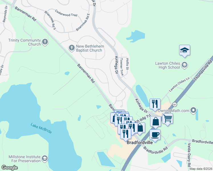 map of restaurants, bars, coffee shops, grocery stores, and more near 3443 Treaty Oak Trail in Tallahassee