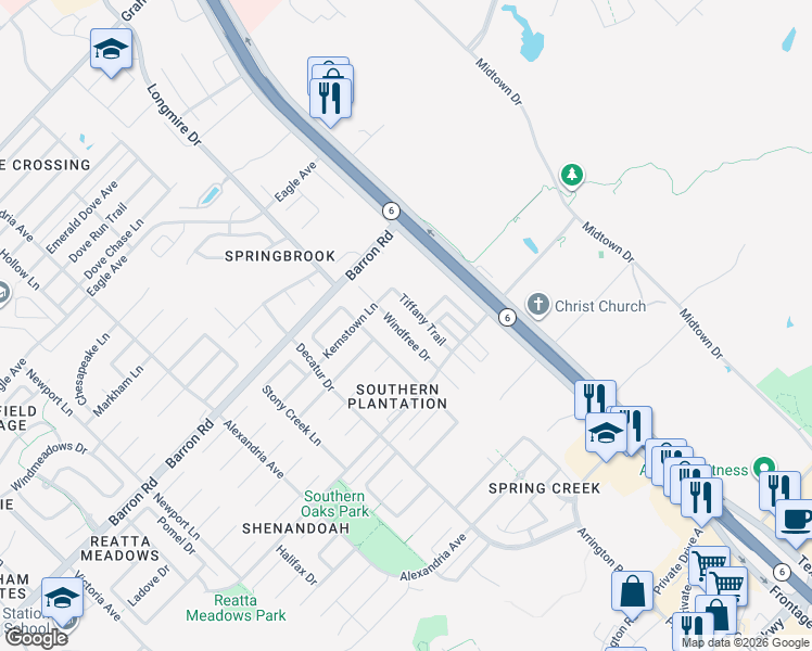 map of restaurants, bars, coffee shops, grocery stores, and more near 3986 Windfree Drive in College Station