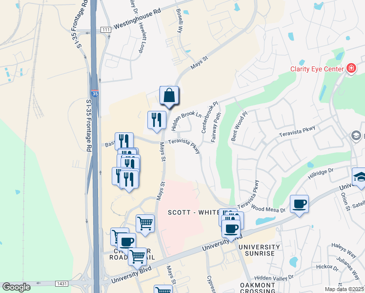 map of restaurants, bars, coffee shops, grocery stores, and more near 401 Teravista Parkway in Round Rock