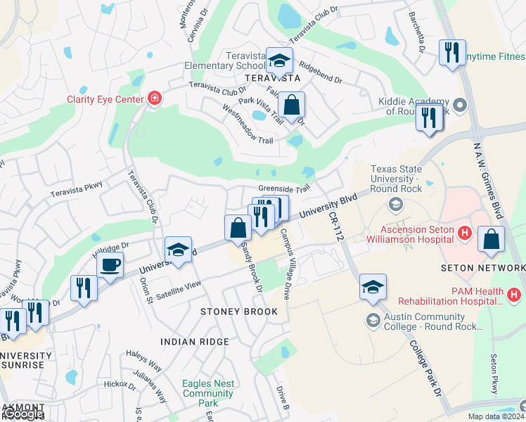 map of restaurants, bars, coffee shops, grocery stores, and more near 1716 Hidden Springs Path in Round Rock
